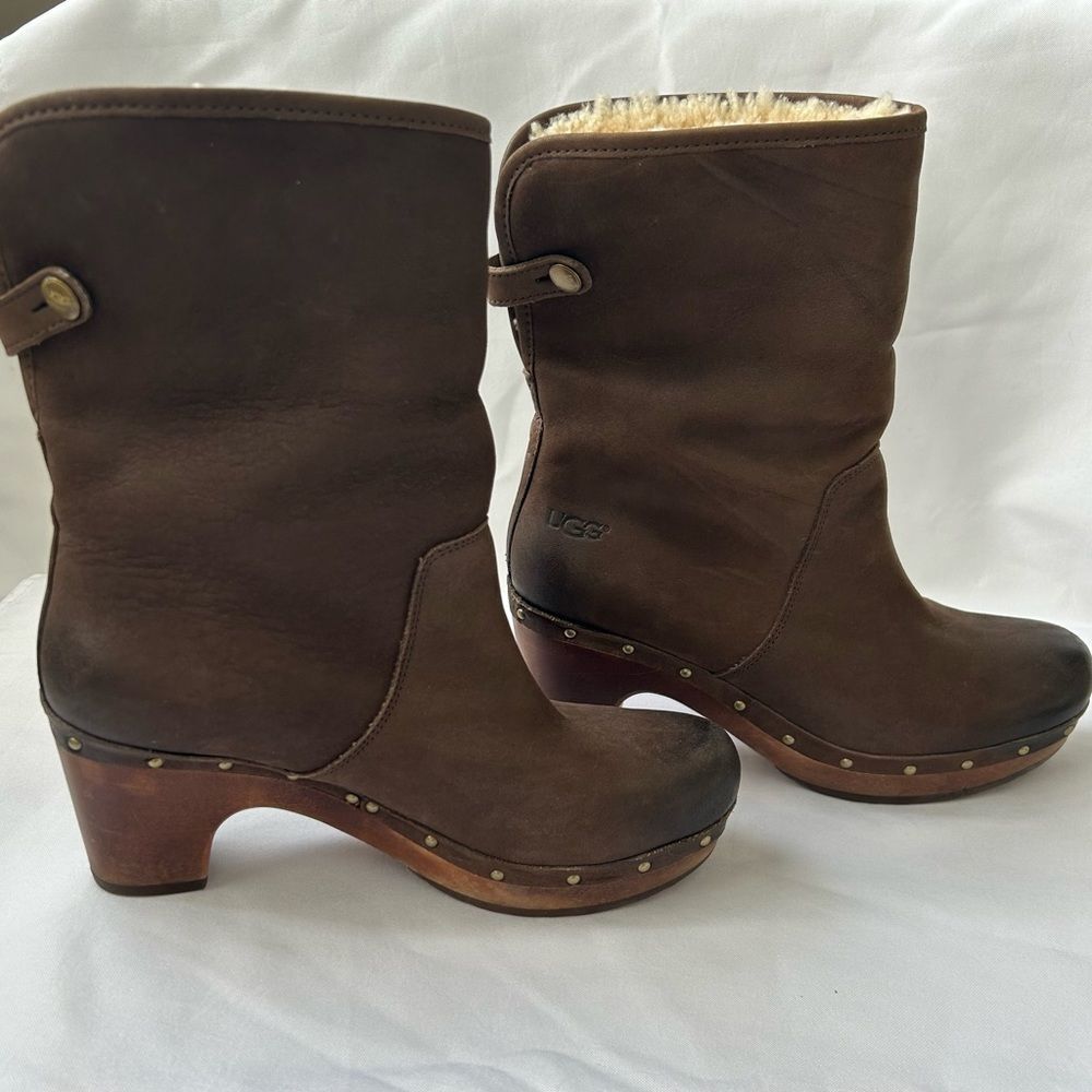 UGG Brown Leather Shearling-Lined Clog Heel Boots